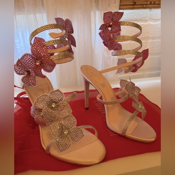 Rene Caovilla - Floaraine Crystal Ankle Wrap Sandals (Pink Fuxia) UNWORN - sz 35 - Picture 1 of 4